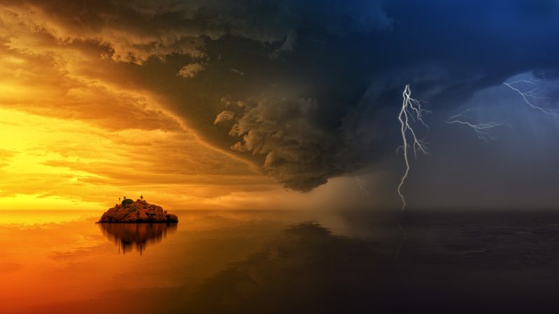 Dark storm clouds gathering above a residential balcony
